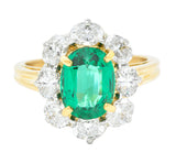 Vintage 2.96 CTW Emerald Oval Cut Diamond Platinum 18 Karat Yellow Gold Halo Ring GIA Wilson's Estate Jewelry