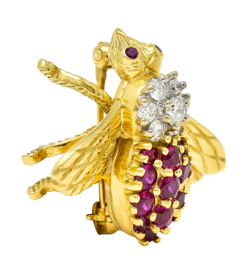 1960's Herbert Rosenthal 1.00 CTW Ruby Diamond 18 Karat Yellow Gold Vintage Bug Brooch Wilson's Estate Jewelry
