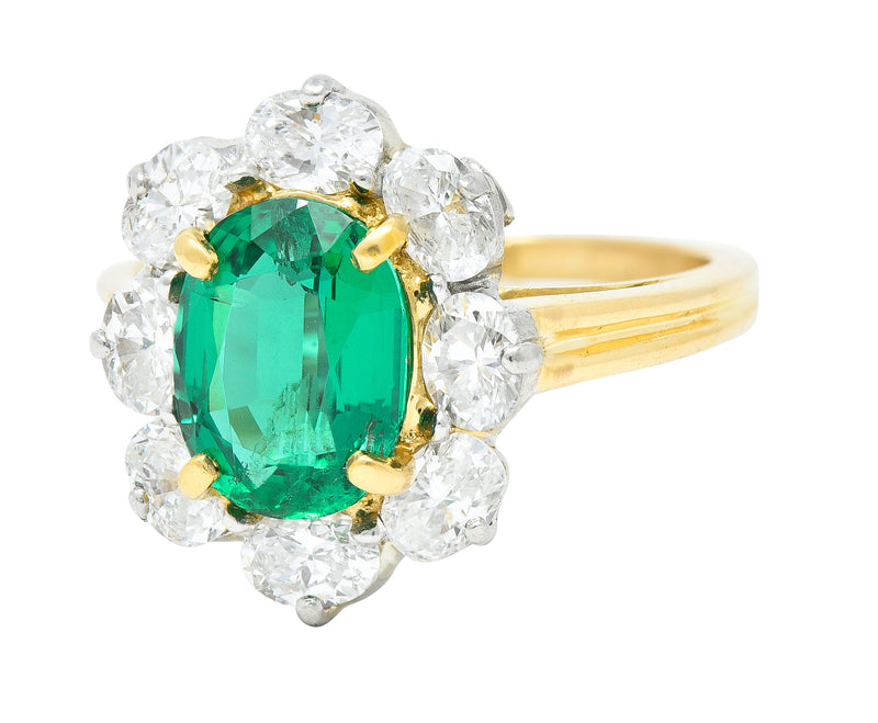 Vintage 2.96 CTW Emerald Oval Cut Diamond Platinum 18 Karat Yellow Gold Halo Ring GIA Wilson's Estate Jewelry