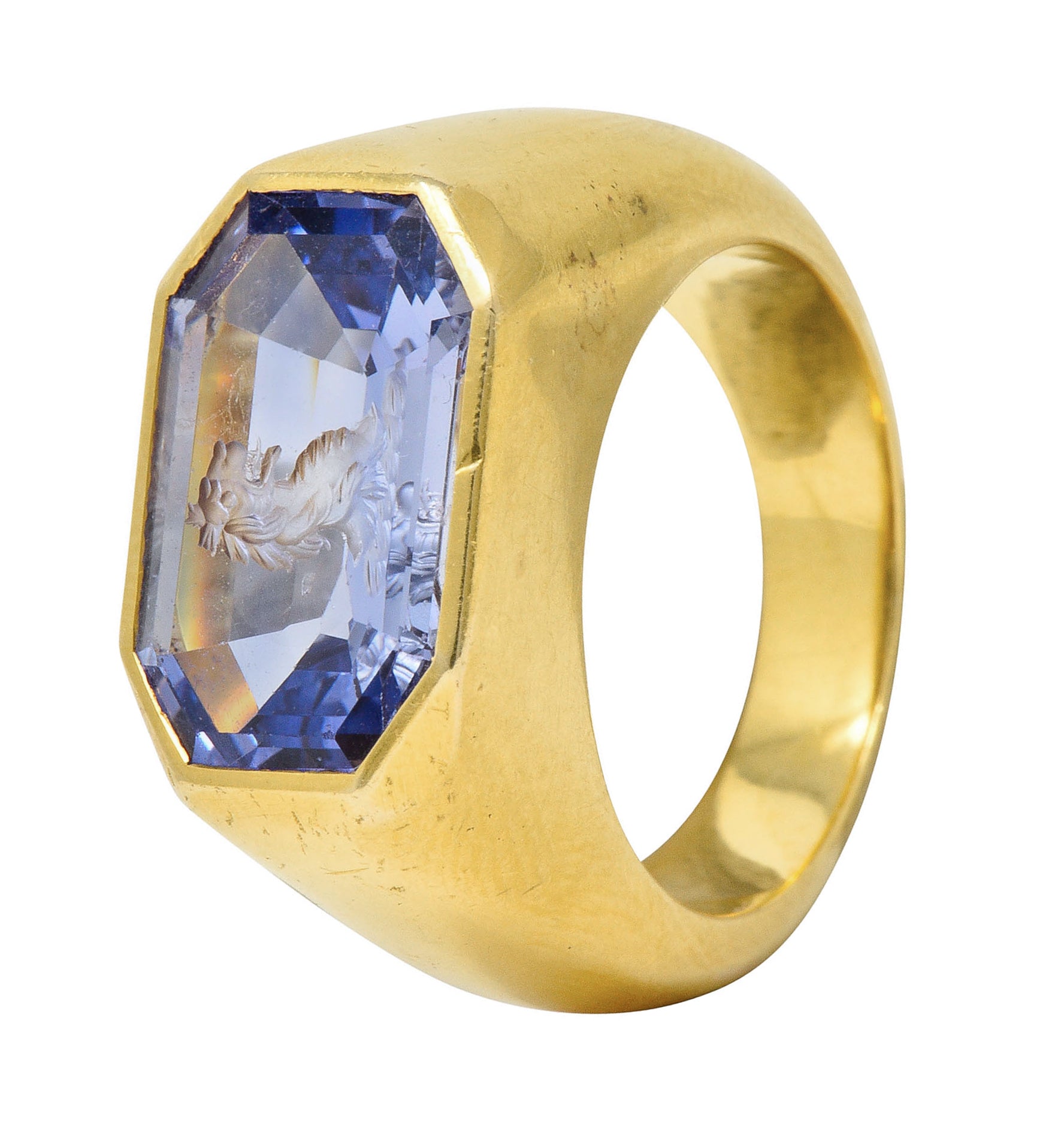 Substantial 13.10 CTW Color-Change No Heat Sapphire Intaglio 22 Karat Gold Signet Ring GIARing - Wilson's Estate Jewelry