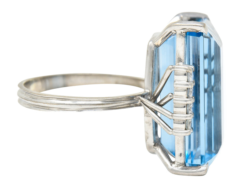 1950's Mid-Century 18.60 CTW Aquamarine Diamond 18 Karat White Gold Vintage Cocktail Ring Wilson's Estate Jewelry