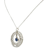 Edwardian 1.75 CTW Sapphire Diamond Platinum Laurel Pendant NecklaceNecklace - Wilson's Estate Jewelry