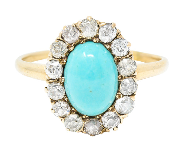 Victorian Turquoise Cabochon Old Mine  Cut Diamond 14 Karat Yellow Gold Halo Ring Wilson's Estate Jewelry