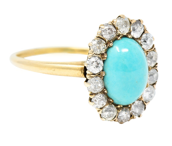 Victorian Turquoise Cabochon Old Mine  Cut Diamond 14 Karat Yellow Gold Halo Ring Wilson's Estate Jewelry