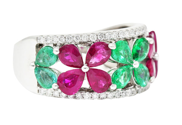 Contemporary 3.95 CTW Emerald Ruby Diamond 14 Karat White Gold Gemstone Flower Band Ring Wilson's Estate Jewelry
