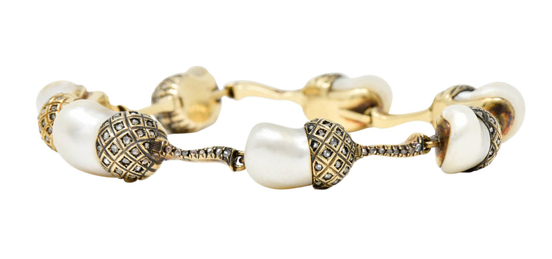 1910 Edwardian Russian Baroque Pearl Diamond 14 Karat Gold Acorn Link Braceletbracelet - Wilson's Estate Jewelry