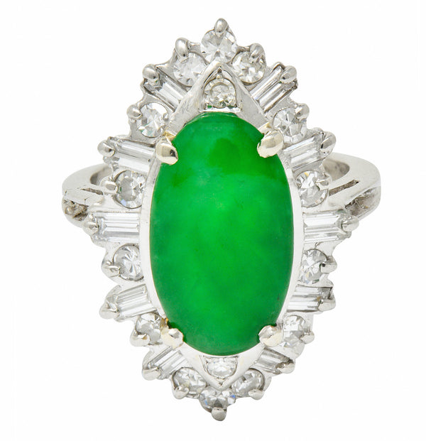 Mid-Century Jadeite Jade 1.26 CTW Diamond Platinum Navette Cluster Ring GIARing - Wilson's Estate Jewelry