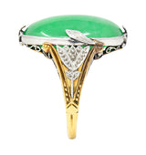 Edwardian Natural Jadeite Jade Cabochon Platinum 18 Karat Yellow Gold Lotus Antique Ring GIA Wilson's Estate Jewelry