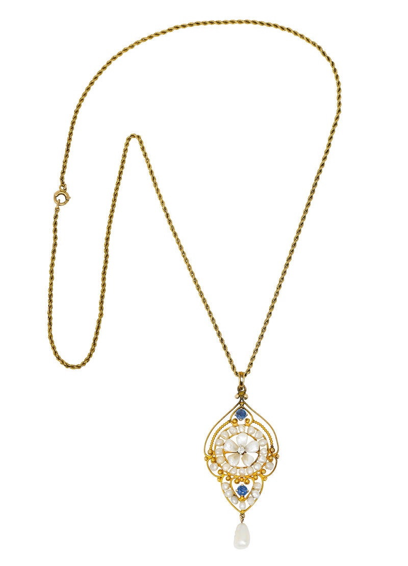 Victorian Pearl Sapphire Diamond 14 Karat Gold Floral Drop Pendant NecklaceNecklace - Wilson's Estate Jewelry