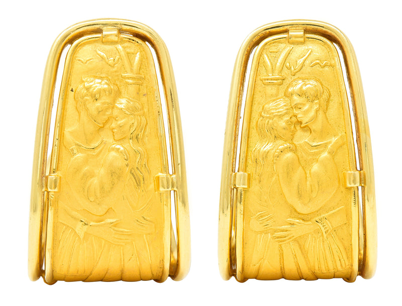 Carrera y Carrera 1990's 18 Karat Yellow Gold Romeo & Juliet J-Hoop Vintage Ear-Clip Earrings Wilson's Estate Jewelry