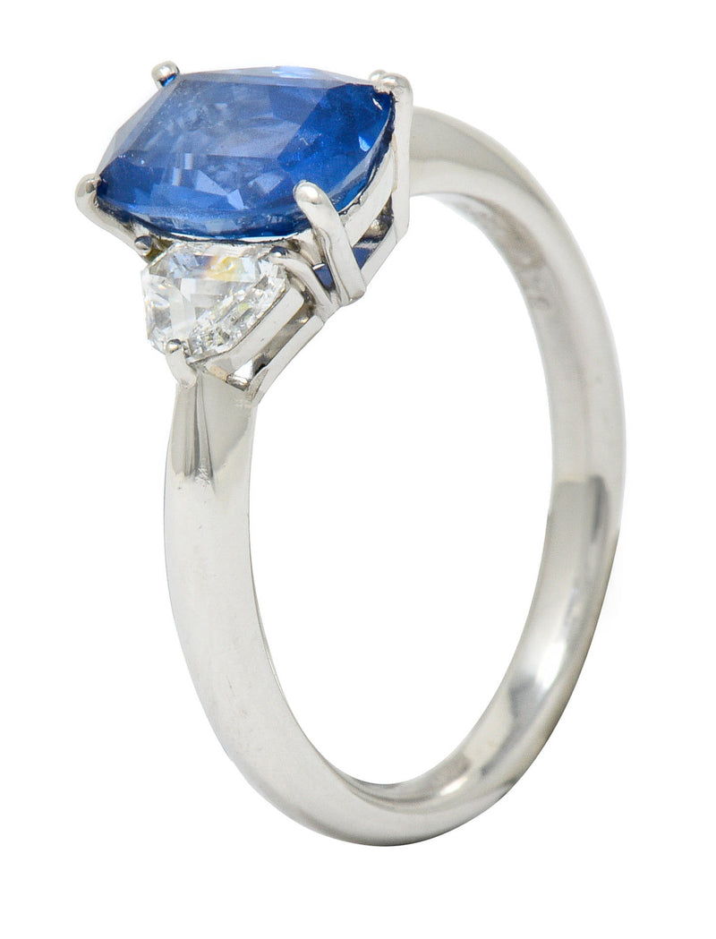 Contemporary 2.60 CTW No Heat Sapphire Diamond Platinum Three Stone Ring GIARing - Wilson's Estate Jewelry