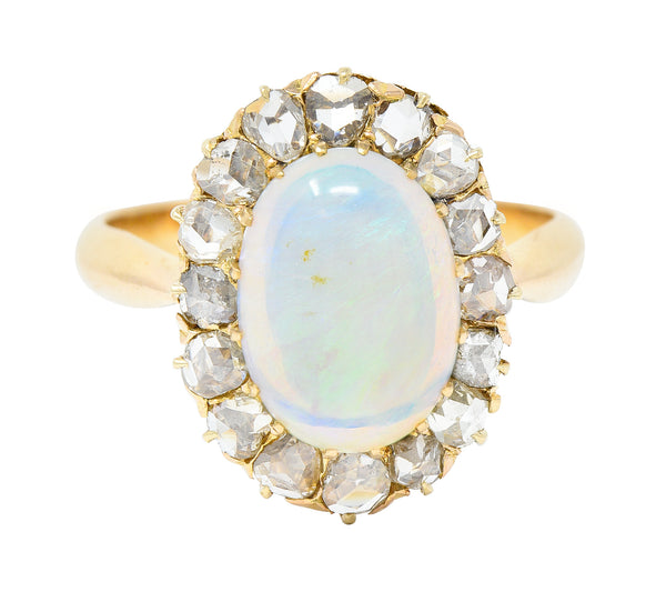 Victorian Opal Cabochon Diamond 18 Karat Yellow Gold Antique Halo Ring Wilson's Estate Jewelry