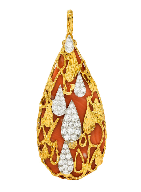 Kutchinsky 1972 3.23 CTW Diamond Coral Platinum 18 Karat Gold Vintage Pendant