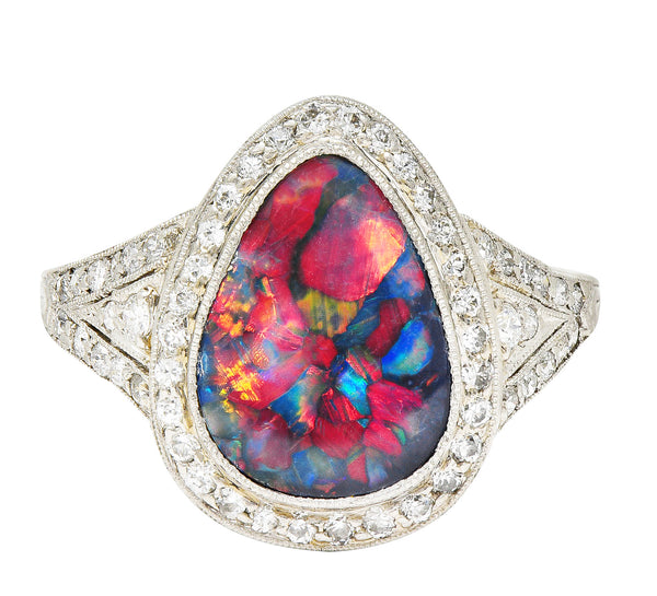 1925 Art Deco Black Opal Diamond Platinum Gemstone Ring Wilson's Estate Jewelry