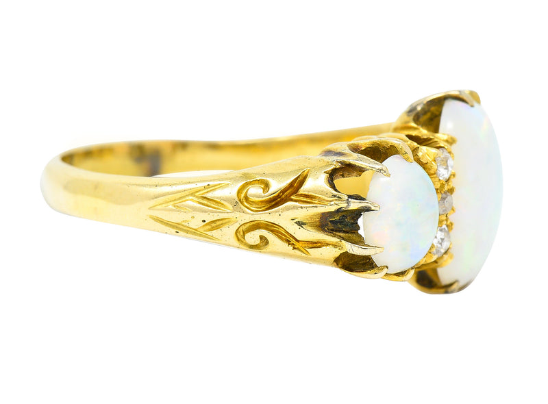 Victorian British Opal Cabochon Diamond 18 Karat Yellow Gold Belcher Three Stone Antique Ring Wilson's Estate Jewelry