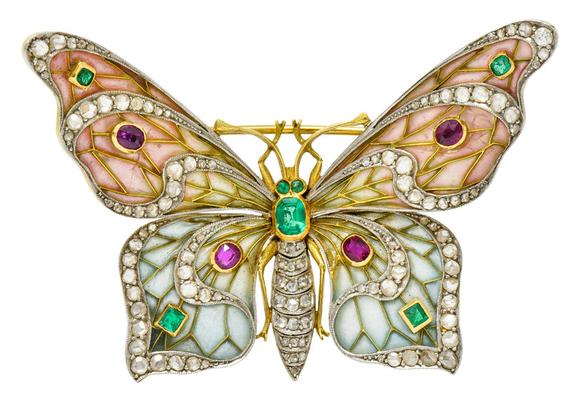 Substantial Art Nouveau Diamond Emerald Ruby Plique-A-Jour Enamel 18 Karat Gold Butterfly Pendant BroochBrooch - Wilson's Estate Jewelry