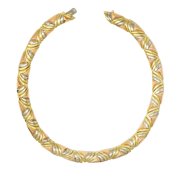 Bulgari French 1980's 18 Karat Tri-Gold Geometric Vintage Collar Necklace