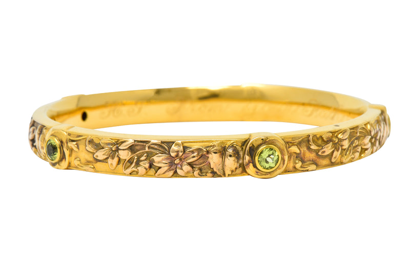 Riker Brothers Art Nouveau Peridot 14 Karat Gold Floral Bangle Braceletbracelet - Wilson's Estate Jewelry