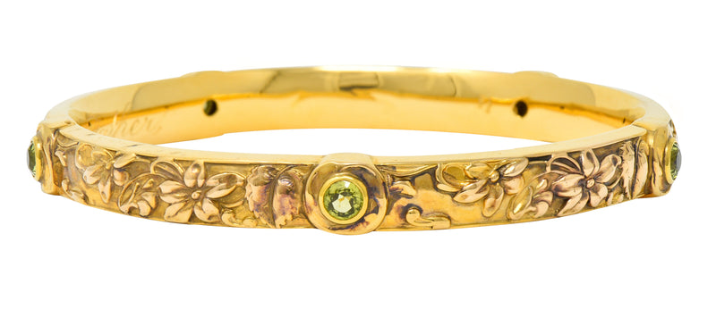 Riker Brothers Art Nouveau Peridot 14 Karat Gold Floral Bangle Braceletbracelet - Wilson's Estate Jewelry