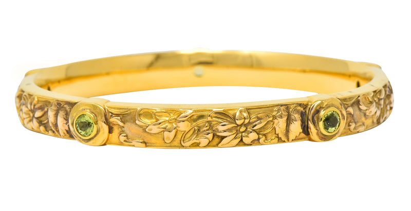 Riker Brothers Art Nouveau Peridot 14 Karat Gold Floral Bangle Braceletbracelet - Wilson's Estate Jewelry