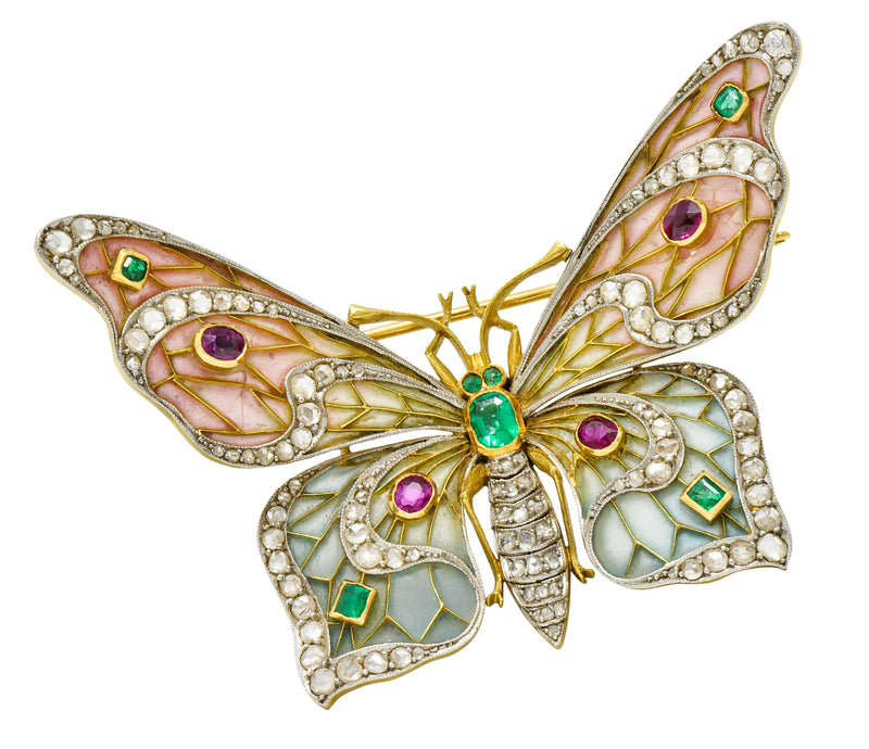 Substantial Art Nouveau Diamond Emerald Ruby Plique-A-Jour Enamel 18 Karat Gold Butterfly Pendant BroochBrooch - Wilson's Estate Jewelry