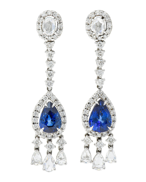 Contemporary 4.46 CTW Pear Cut sapphire Diamond 18 Karat White Gold Fringe Drop Earrings Wilson's Estate Jewelry