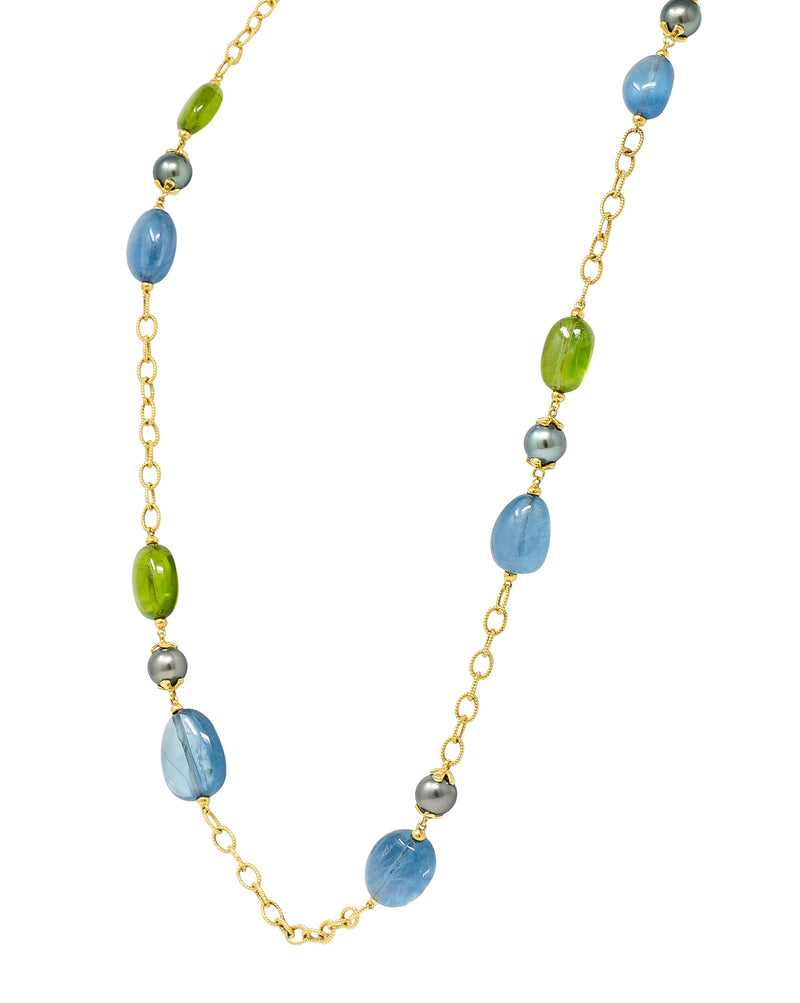 Goshwara Aquamarine Peridot Tahitian Pearl 18 Karat Gold Long Chain Station NecklaceNecklace - Wilson's Estate Jewelry