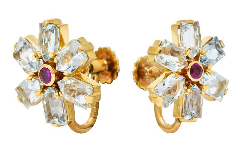 Tiffany & Co. Retro 6.20 CTW Aquamarine Ruby 14 Karat Gold Flower Screwback EarringsEarrings - Wilson's Estate Jewelry