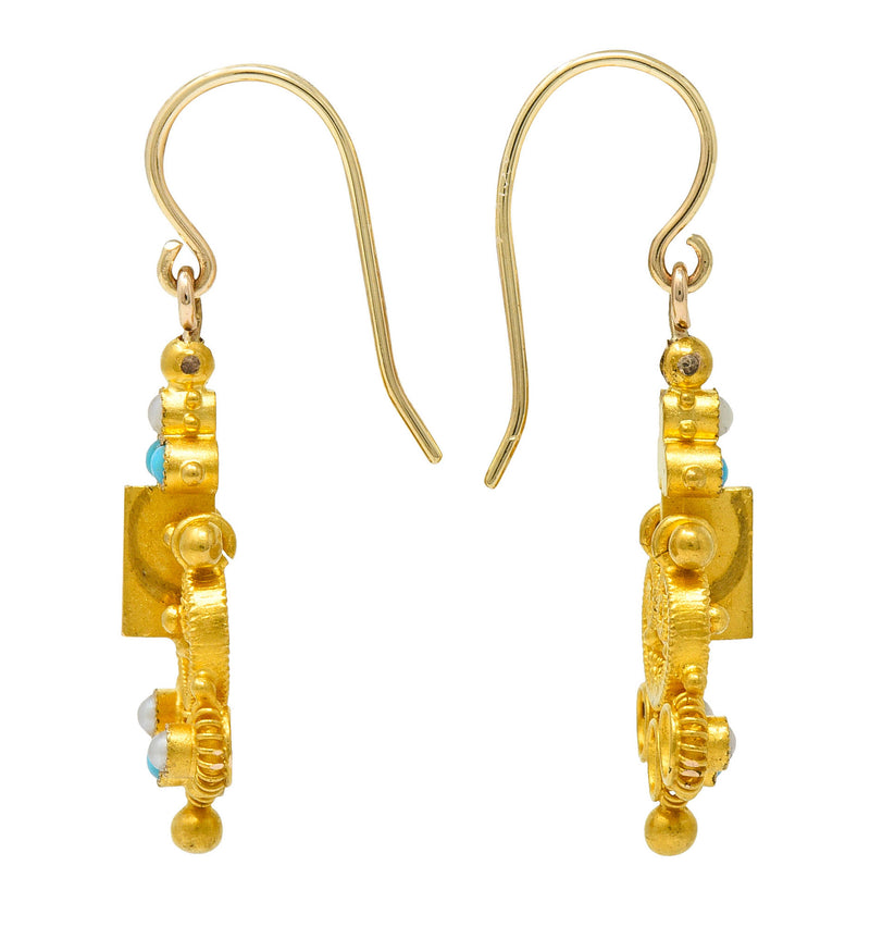 Victorian Etruscan Revival Turquoise Pearl 18 Karat Gold Drop EarringsEarrings - Wilson's Estate Jewelry