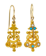 Victorian Etruscan Revival Turquoise Pearl 18 Karat Gold Drop EarringsEarrings - Wilson's Estate Jewelry