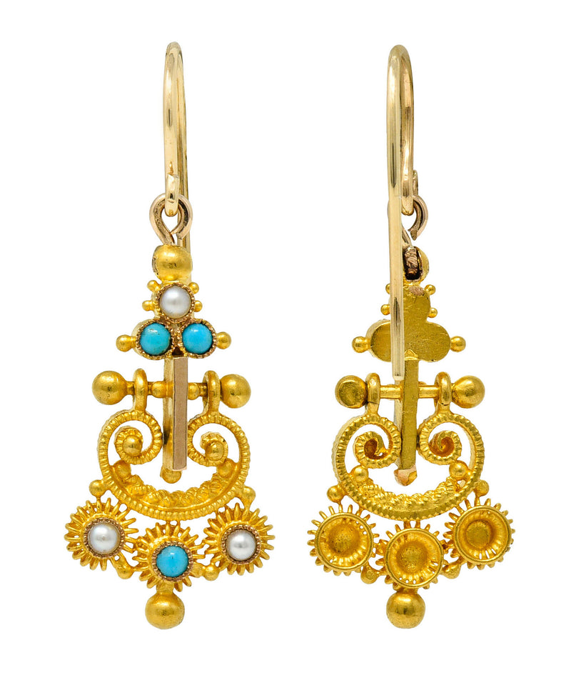 Victorian Etruscan Revival Turquoise Pearl 18 Karat Gold Drop EarringsEarrings - Wilson's Estate Jewelry