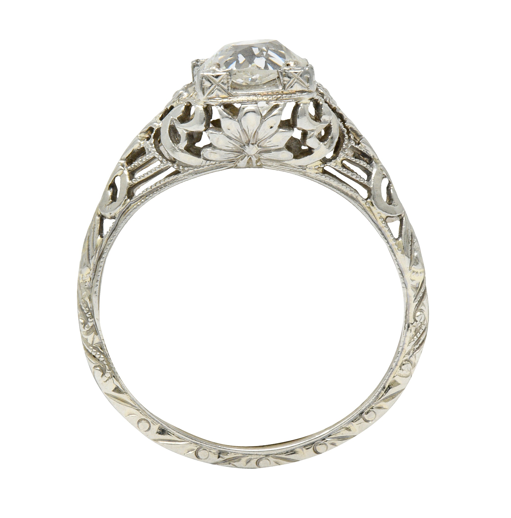 1930's Walter McKenna 1.00 CTW Diamond 18 Karat White Gold Floral Engagement RingRing - Wilson's Estate Jewelry