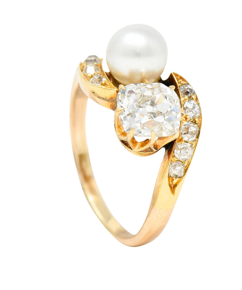 Victorian Pearl 0.88 CTW Diamond 14 Karat Gold Toi Et Moi Bypass RingRing - Wilson's Estate Jewelry