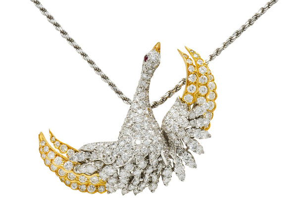 1970's Vintage 8.50 CTW Diamond Platinum 18 Karat Gold Swan Pendant NecklaceNecklace - Wilson's Estate Jewelry