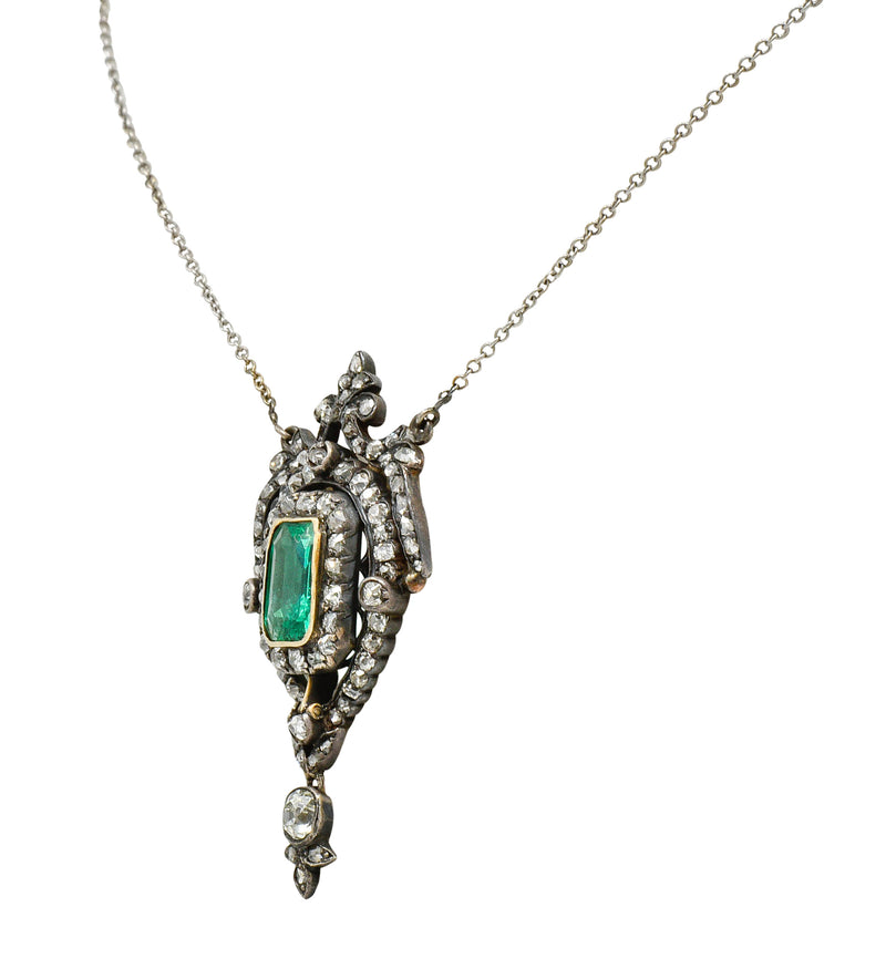 Early Victorian Emerald Diamond Silver-Topped Gold Ornate Drop NecklaceNecklace - Wilson's Estate Jewelry