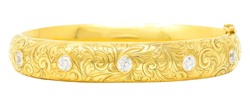 Riker Brothers Victorian 1.45 CTW Old Mine Diamond 14 Karat Yellow Gold Antique Hinged Bangle Bracelet Wilson's Estate Jewelry