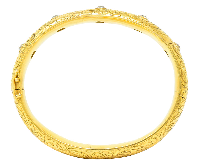Riker Brothers Victorian 1.45 CTW Old Mine Diamond 14 Karat Yellow Gold Antique Hinged Bangle Bracelet Wilson's Estate Jewelry