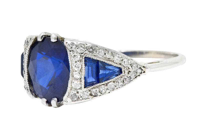 Art Deco 3.33 CTW No Heat Burma Sapphire Diamond 18 Karat White Gold Ring AGLRing - Wilson's Estate Jewelry