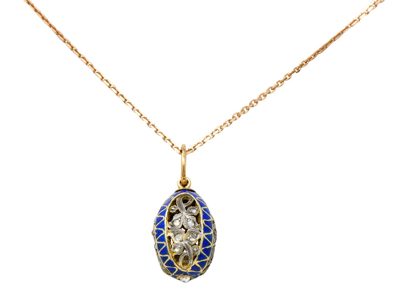 Russian Rose Cut Diamond Sterling Silver 14 Karat Gold Egg Pendant Necklace Circa 1920Necklace - Wilson's Estate Jewelry