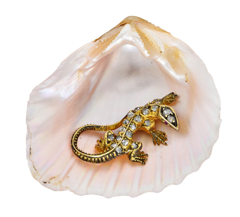 French Victorian Shell Rose Cut Diamond 18 Karat Gold Lizard BroochBrooch - Wilson's Estate Jewelry