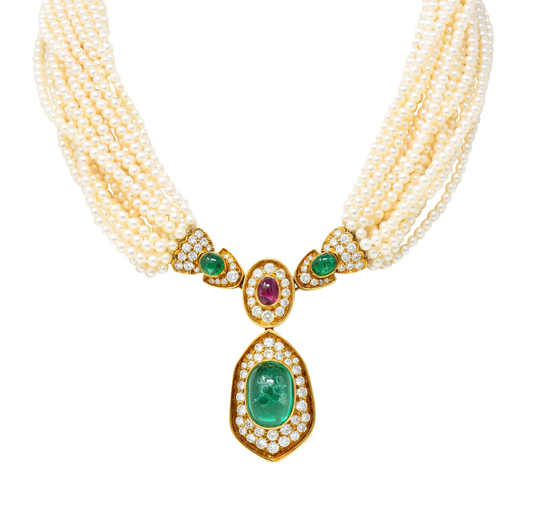 Exceptional Harry Winston Pearl 26.35 CTW Colombian Emerald Ruby Diamond 18 Karat Yellow Gold Multi-Strand Necklace AGL Wilson's Estate Jewelry