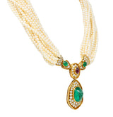 Exceptional Harry Winston Pearl 26.35 CTW Colombian Emerald Ruby Diamond 18 Karat Yellow Gold Multi-Strand Necklace AGL Wilson's Estate Jewelry