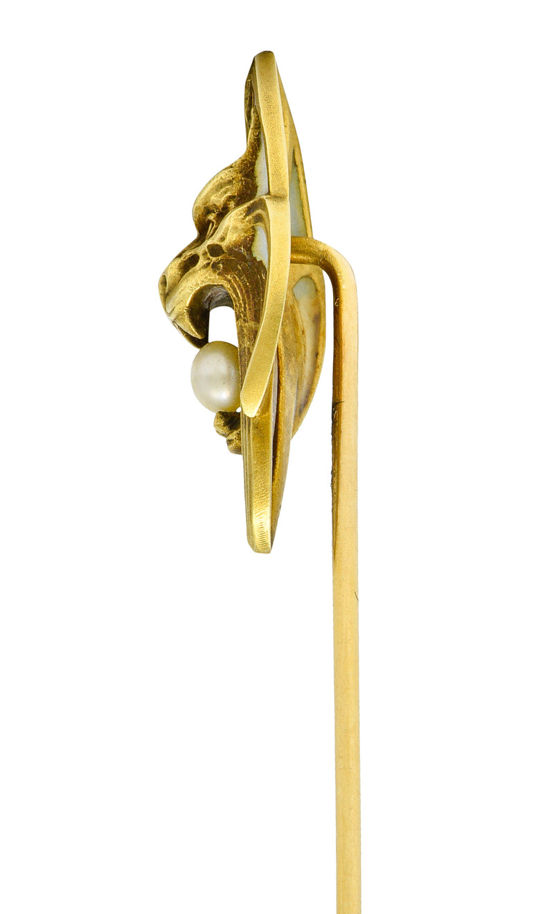 Art Nouveau Pearl Plique-A-Jour Enamel 14 Karat Gold Gargoyle StickpinStick Pin - Wilson's Estate Jewelry