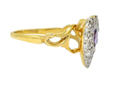 Art Nouveau 0.74 CTW Diamond Amethyst Silver 14 Karat Gold Antique Heart Ring