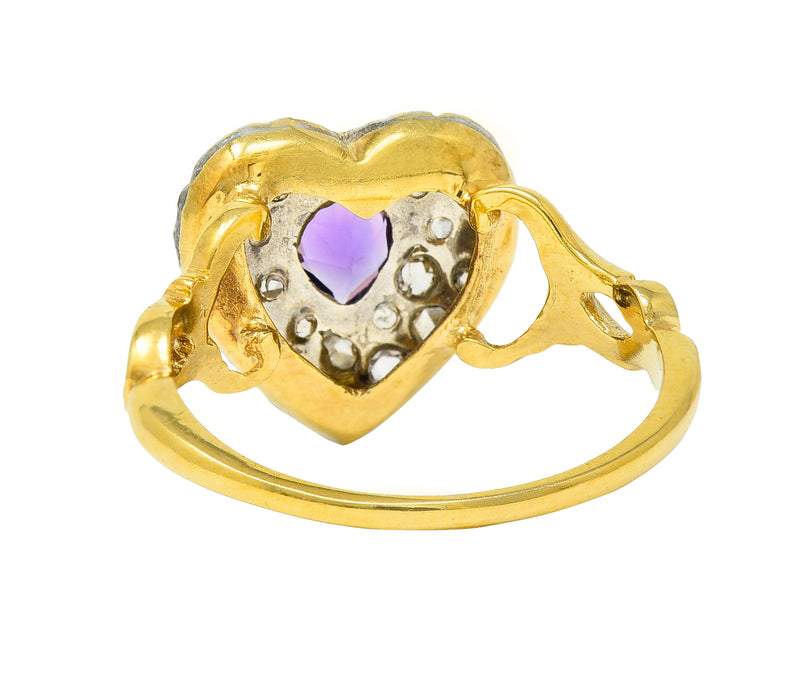 Art Nouveau 0.74 CTW Diamond Amethyst Silver 14 Karat Gold Antique Heart Ring