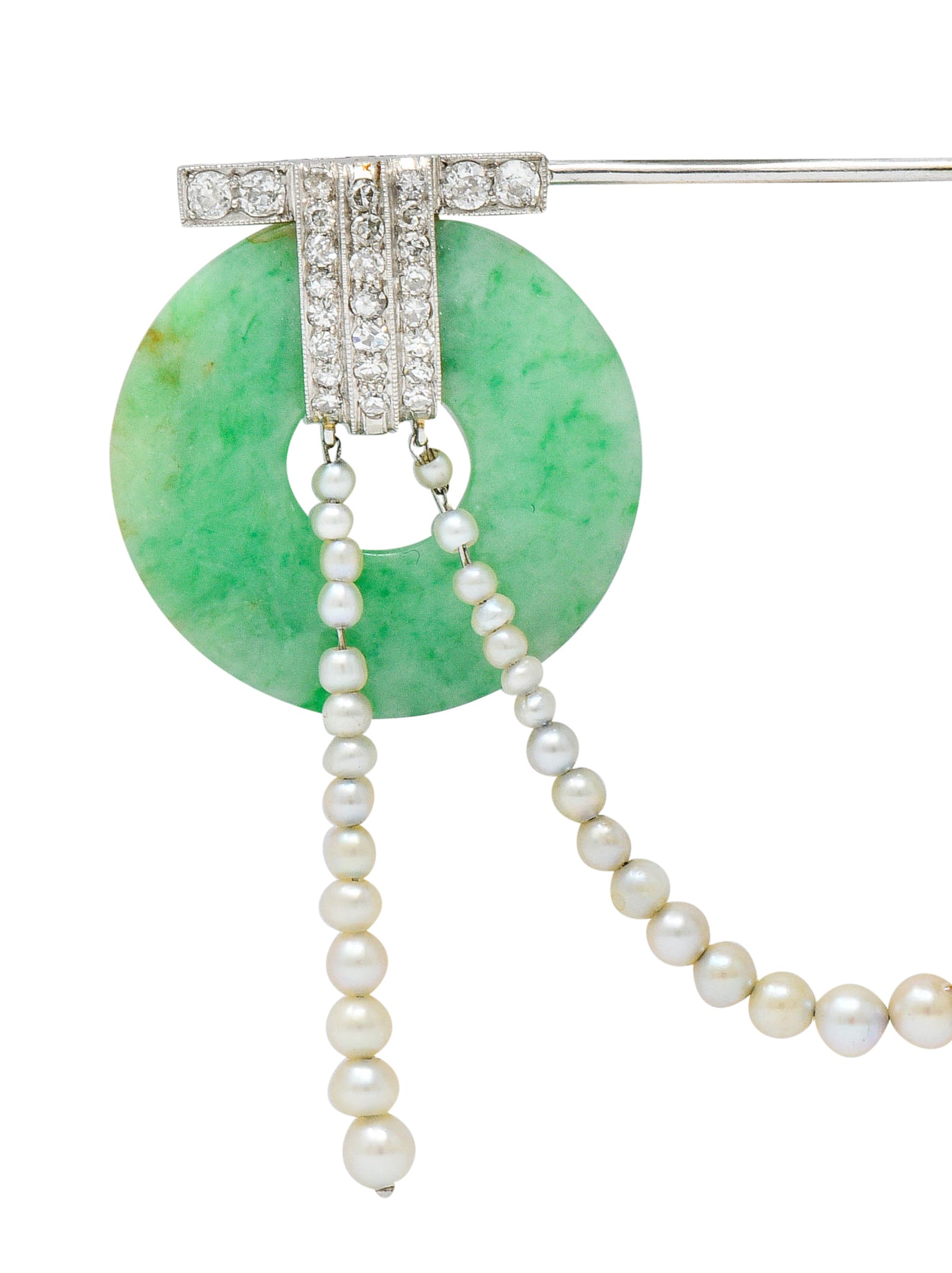 Art Deco Jade Pearl 1.44 CTW Diamond Platinum Bi Jabot BroochBrooch - Wilson's Estate Jewelry