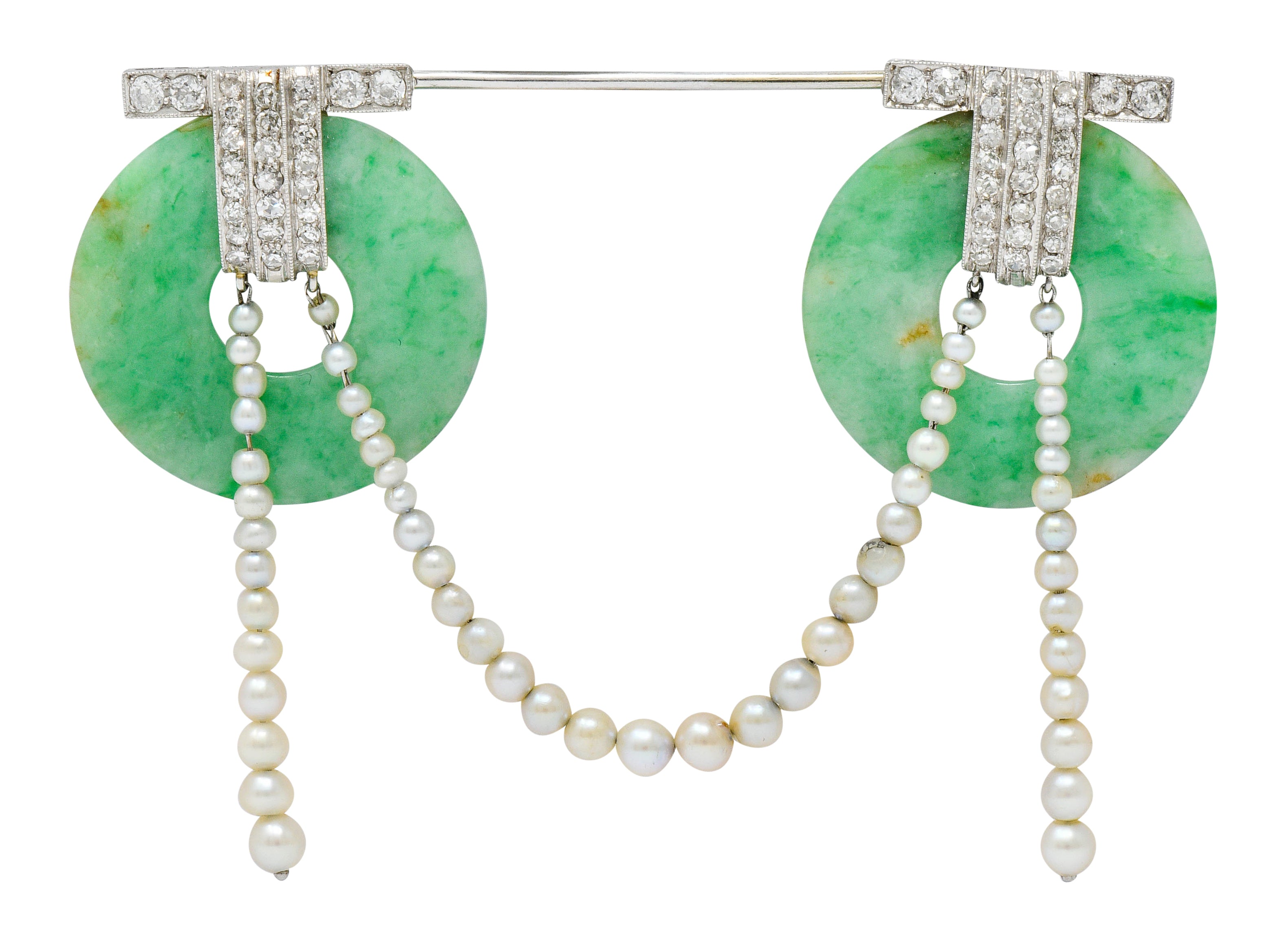 Art Deco Jade Pearl 1.44 CTW Diamond Platinum Bi Jabot BroochBrooch - Wilson's Estate Jewelry