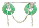 Art Deco Jade Pearl 1.44 CTW Diamond Platinum Bi Jabot BroochBrooch - Wilson's Estate Jewelry