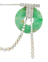 Art Deco Jade Pearl 1.44 CTW Diamond Platinum Bi Jabot BroochBrooch - Wilson's Estate Jewelry