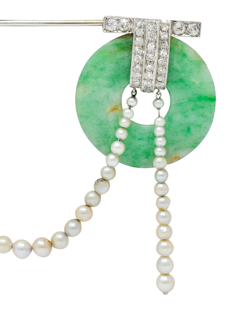 Art Deco Jade Pearl 1.44 CTW Diamond Platinum Bi Jabot BroochBrooch - Wilson's Estate Jewelry